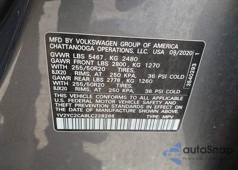 2020 Volkswagen Atlas Cross Sport 2.0T Se W/Technology/2.0T Se W/Technology R-Line z USA, uszkodzony, nr VIN 1V2YC2CA8LC228288